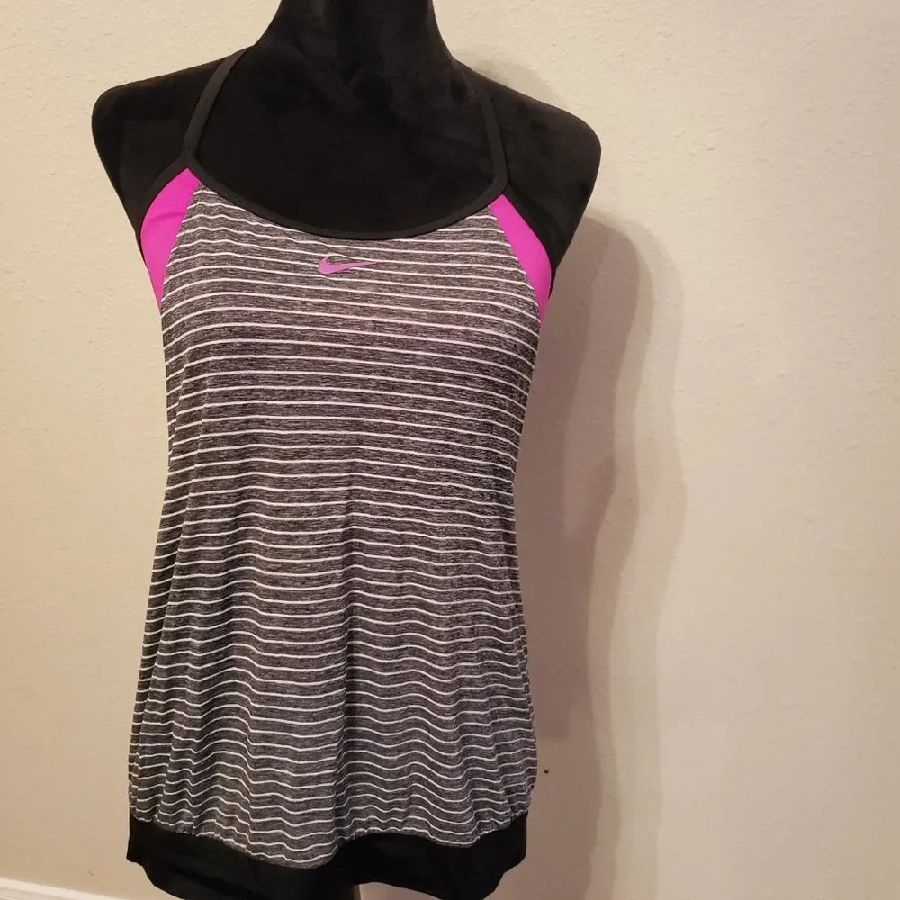 Nike black stripped tank top drape swimsuit top pullover round neck, size large